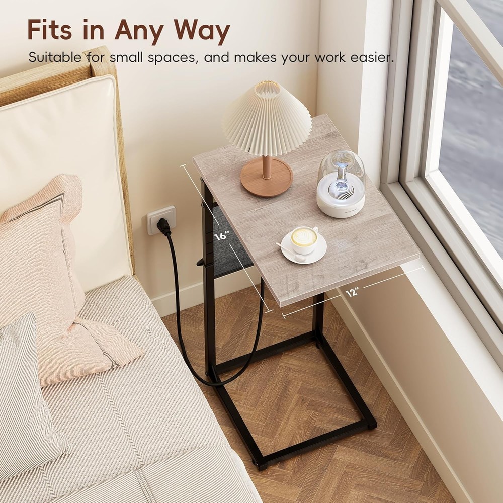 C Shaped End Table W/ Charging Station Adjustable Height Side Table Couch