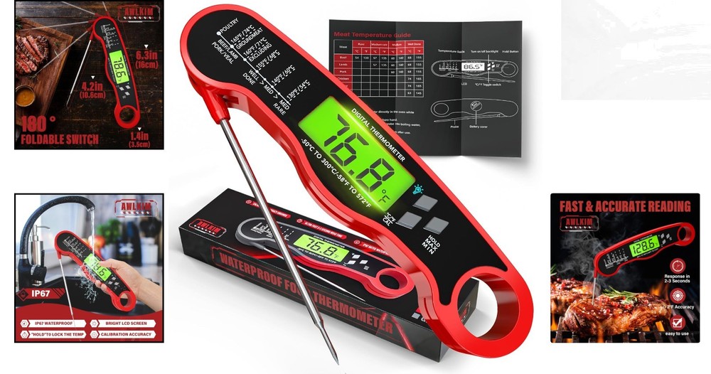 Instant Read Waterproof Meat Thermometer with Backlight - Perfect for Grilling
