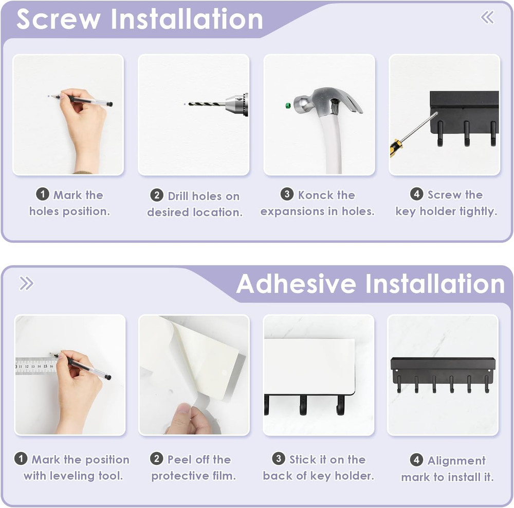 Key Holder Wall Mount, Compact Adhesive Key Rack with Tray, 6 Hooks, 2 Mount Opt