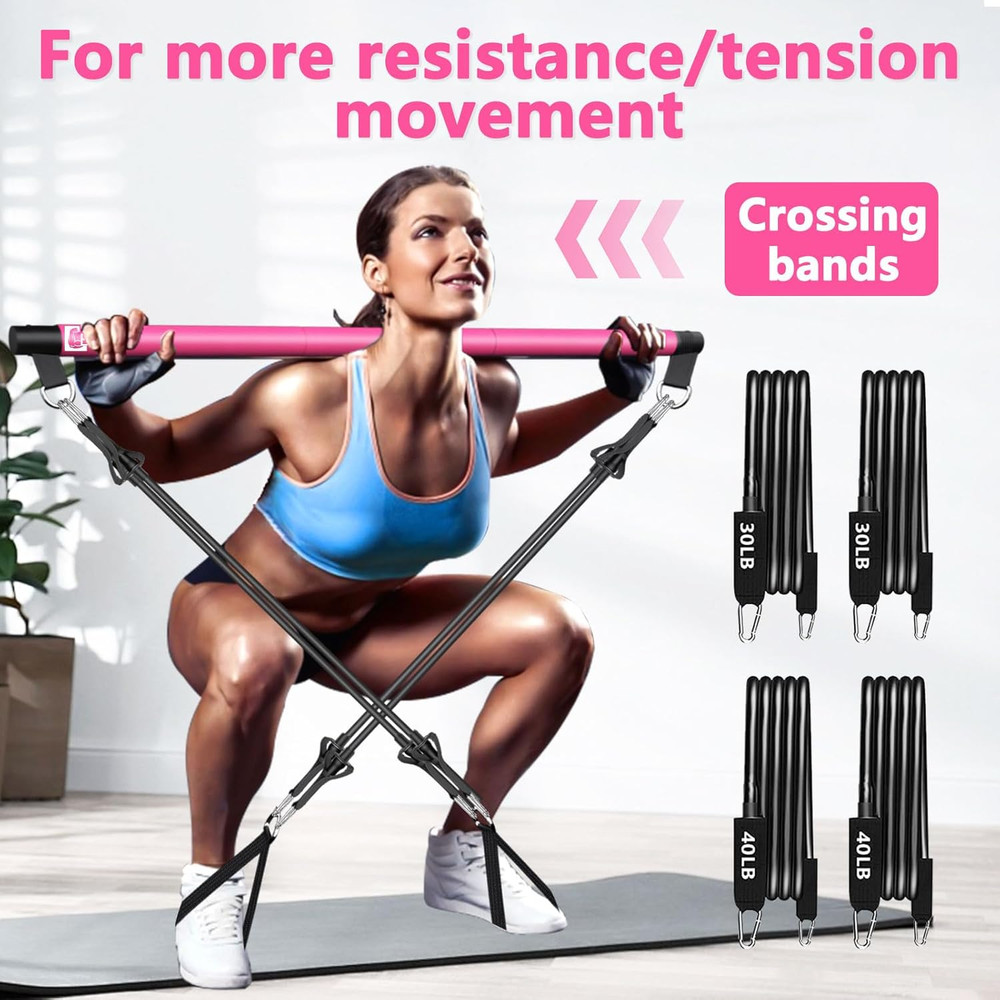Pilates Bar Kit with Resistance Bands,Pilates Bar with Stackable Bands Workout E