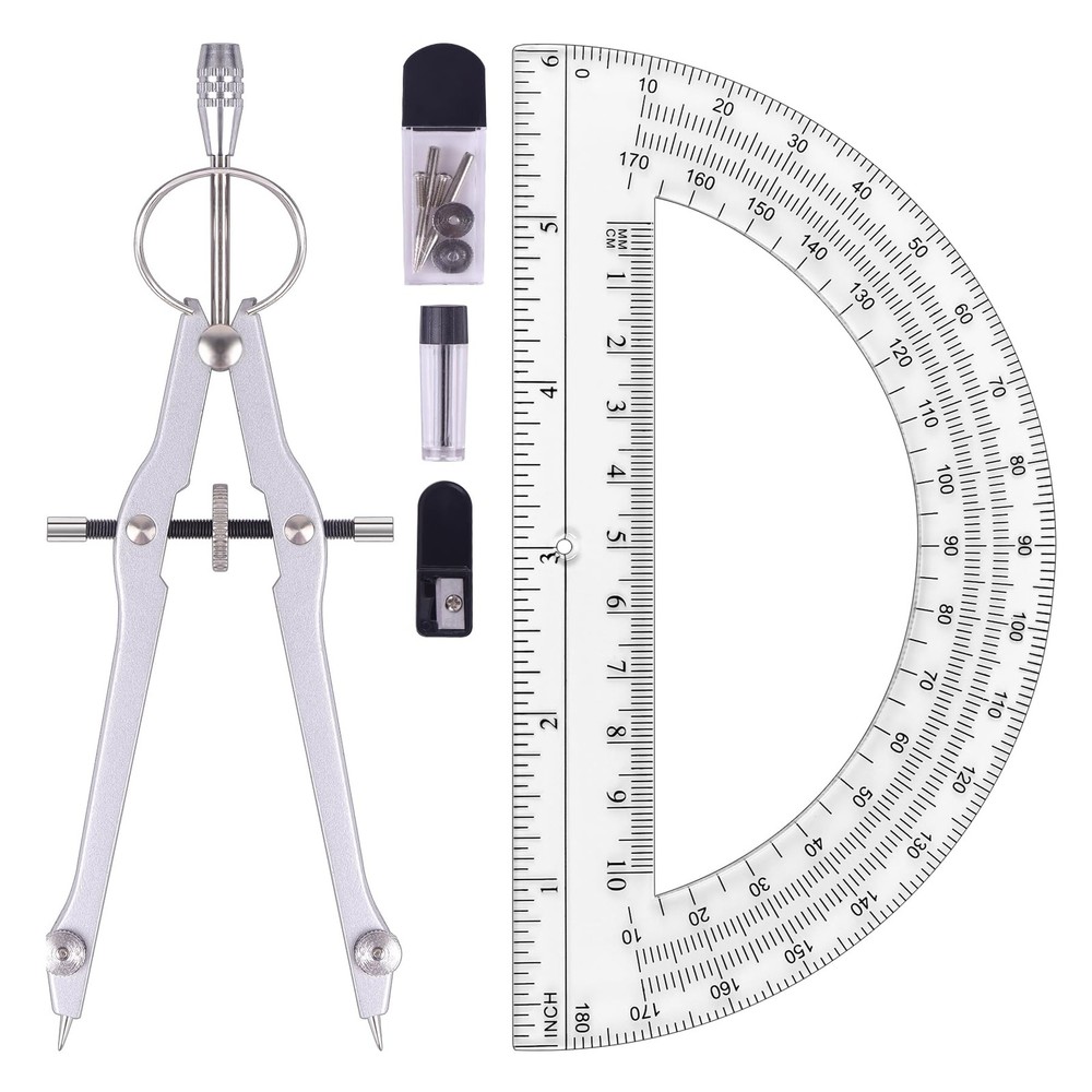 Compass and Protractor Set, Professional Drawing Compass Tool, Metal Compass ...