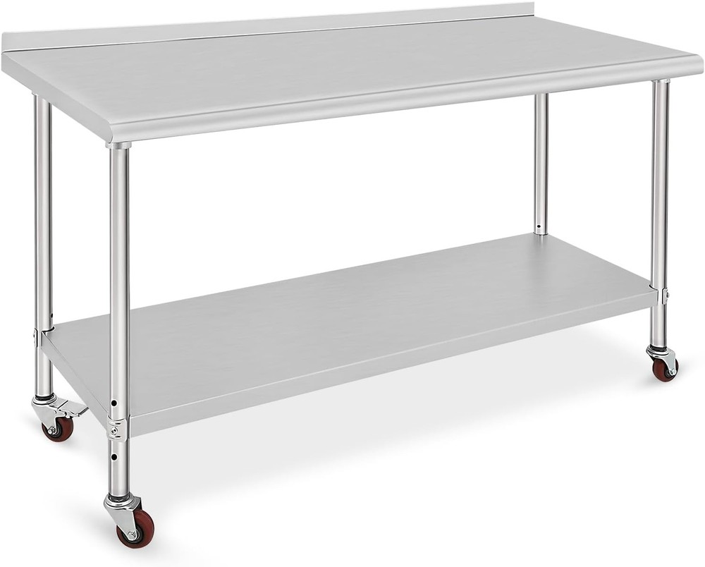 Stainless Steel Kitchen Prep Table with Casters & Backsplash