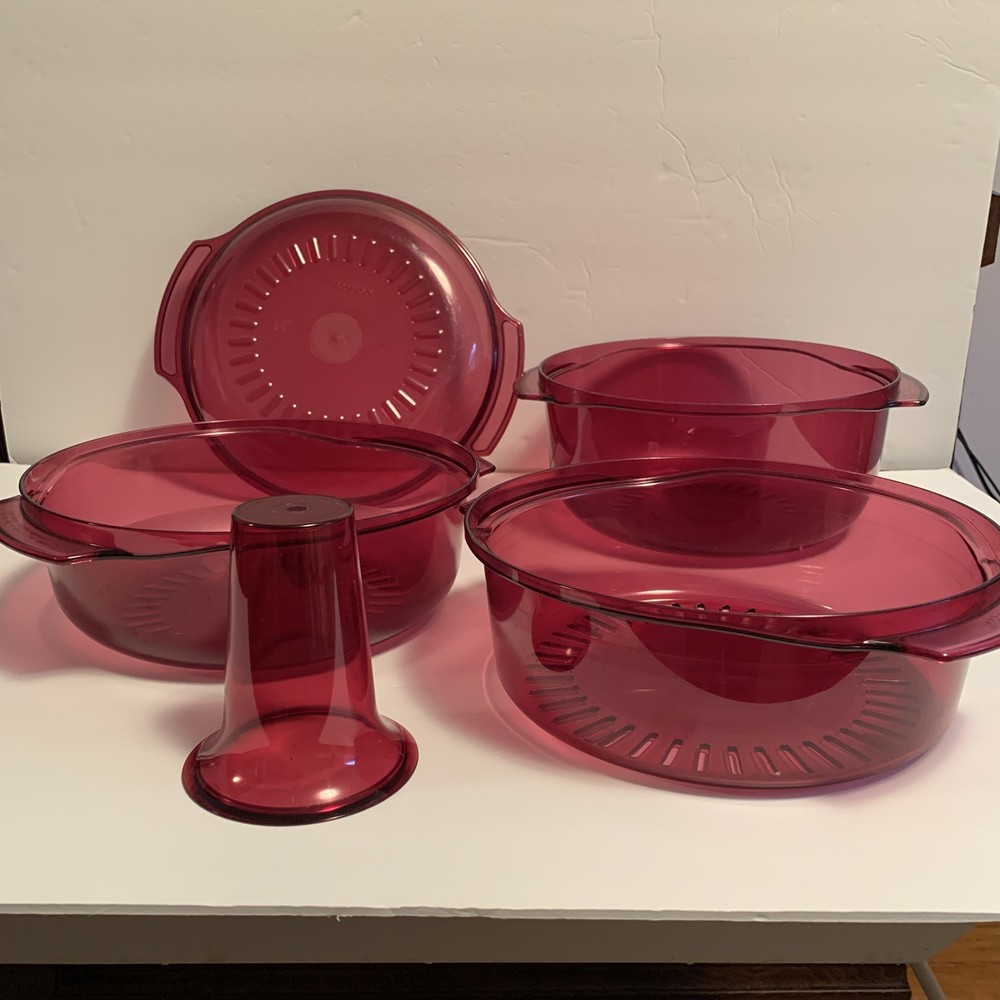 Tupperware Microwave Stack Cooker Steamer 5 Pc Set Cranberry Red USA Vintage