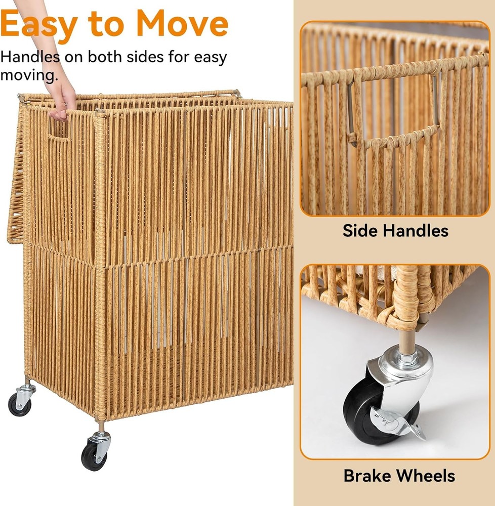 Handwoven Rolling Laundry Basket with Lid, with Divided Removable Liner Bag