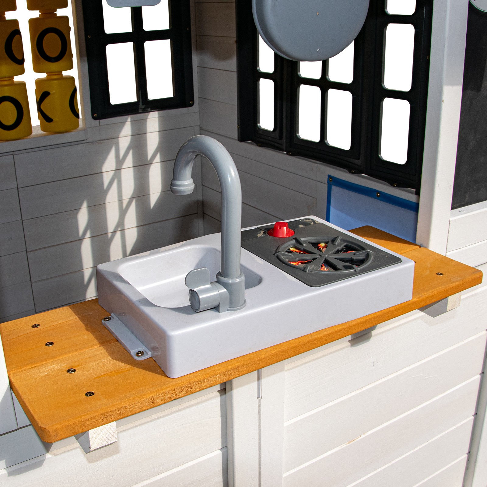 Wooden Kids Playhouse Cottage Play Kitchen,Bench,Mailbox,Tic-Tac-Toe,Chalkboards