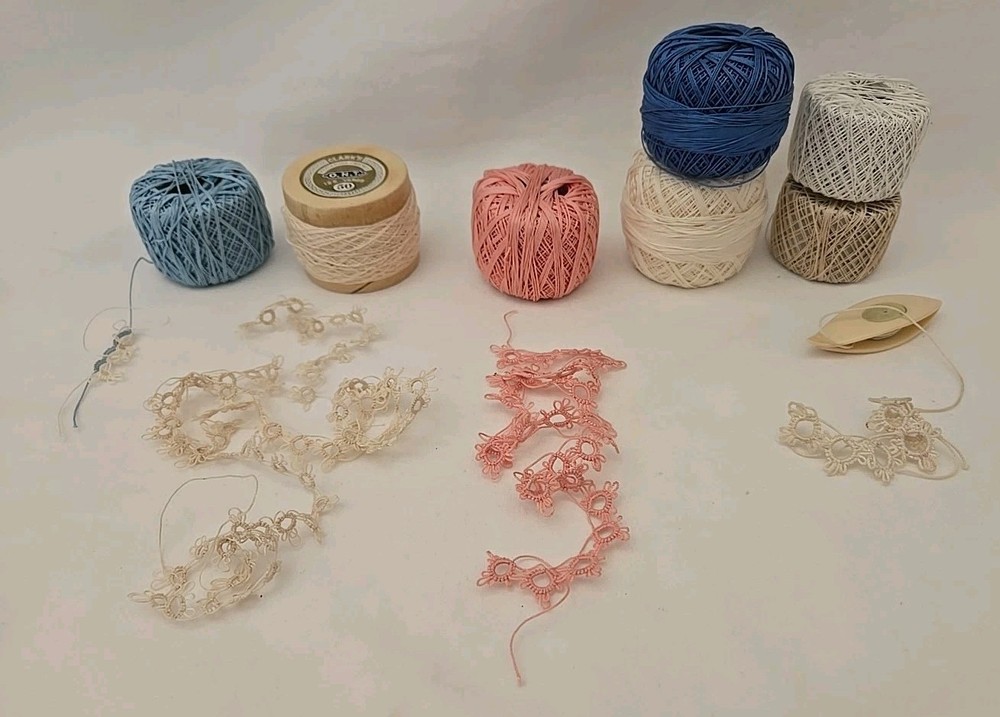Unfinished Hankerchief w/partially Tatted Edge, Tatting Bits, Thread, Shuttle