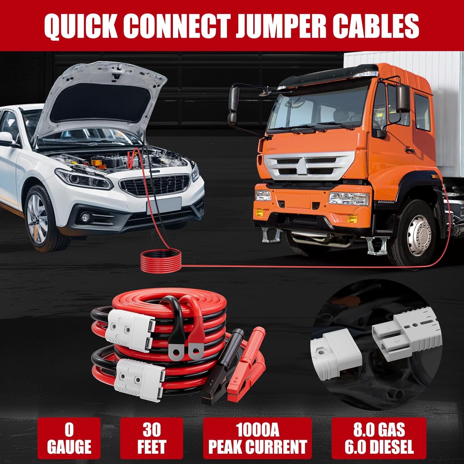 0 Gauge 30Ft Jumper Cables 1000A Heavy Duty Quick Connect Booster for Car Truck