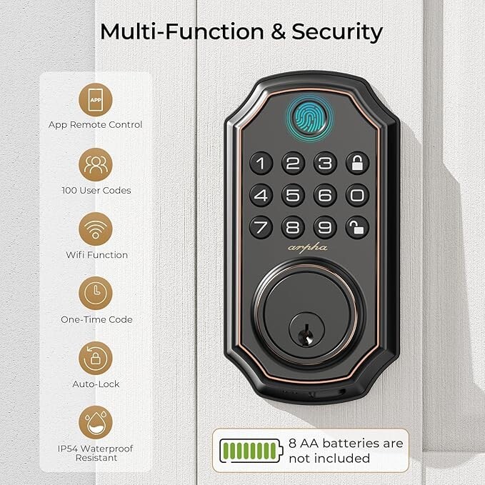 ARPHA Fingerprint Keyless Smart Door Lock APP Control Bluetooth Keypad Deadbolt