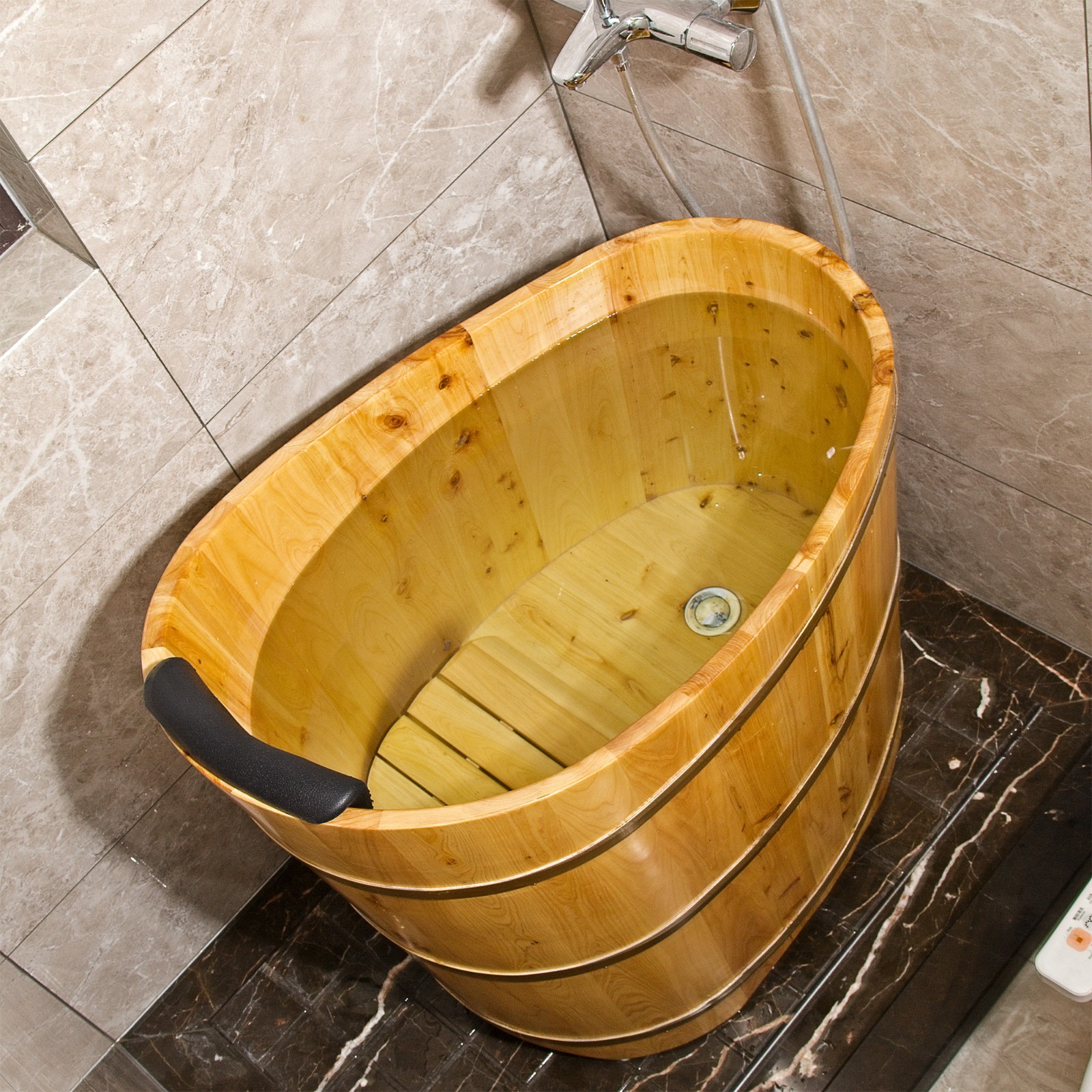 JRYTIN 34” Japanese Soaking Tub, Mobile Freestanding Wood Bath for Small Spaces