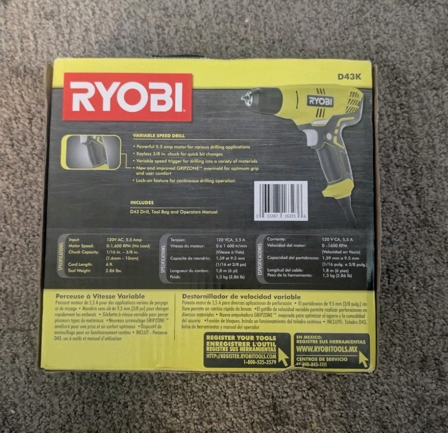 Ryobi D43K Variable Speed Drill With Keyless 3/8" Chuck & Tool Bag