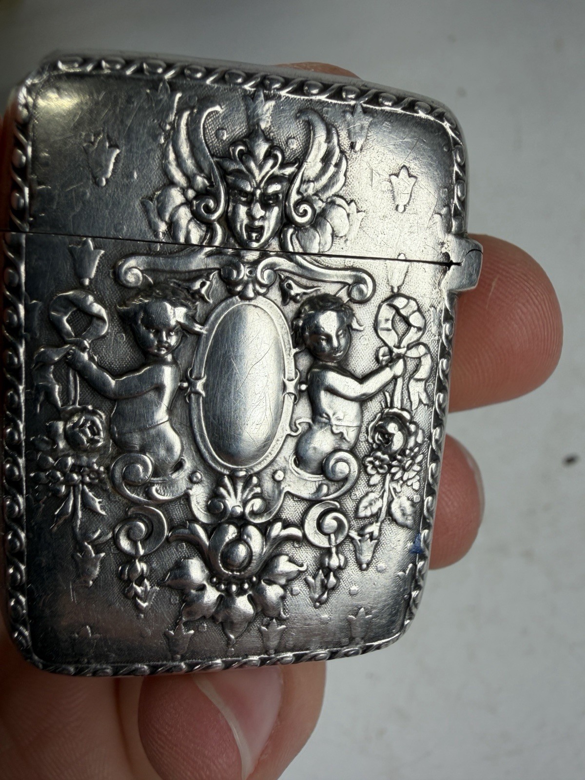 Antique Victorian Sterling Silver Repoussé Match Safe Vesta Case Late 1800s