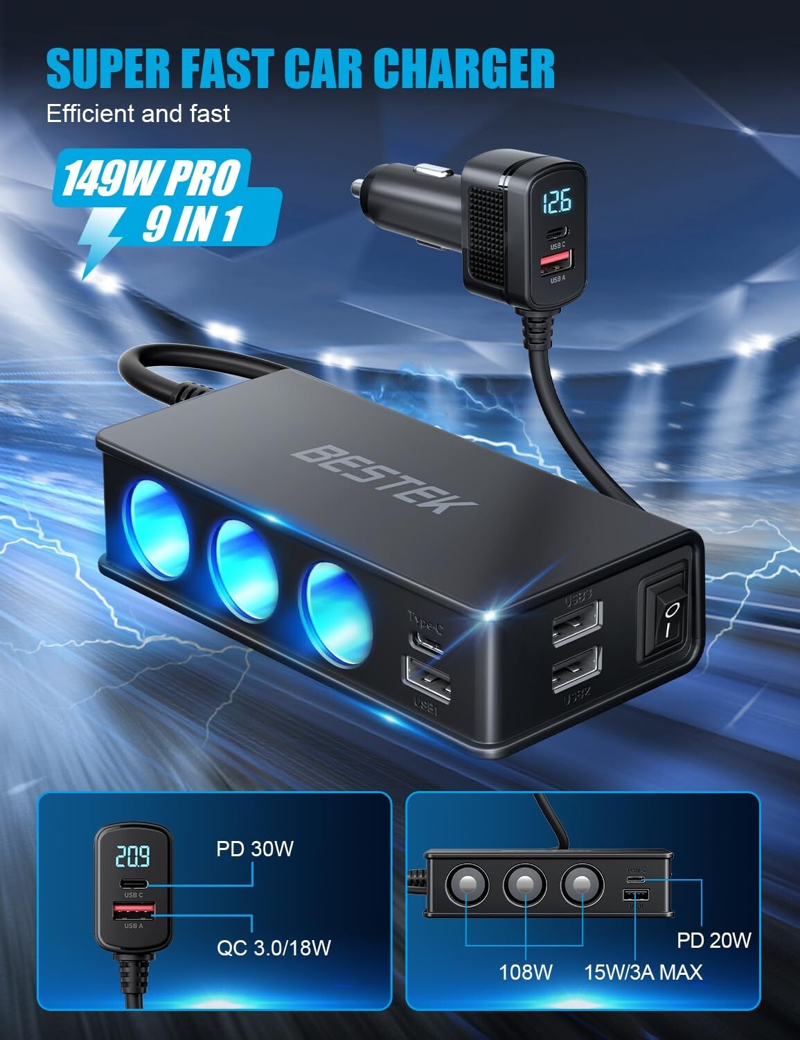 BESTEK 9 in 1 Car Charger 148W 3-Socket PD 30W and QC3.0 18W Charging Ports LED