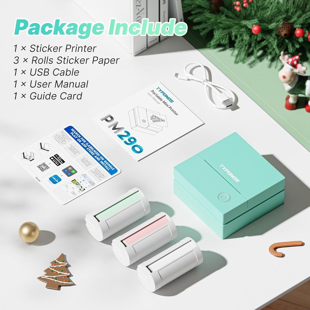 Sticker Printer, PM290 Mini Printer, Bluetooth Sticker Maker Machine with 3 Roll