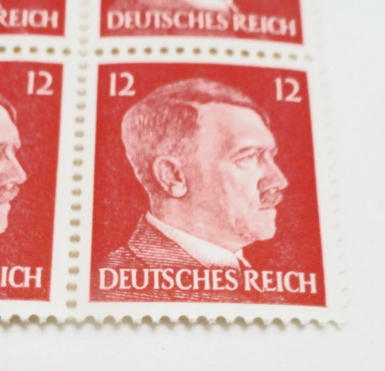 Block of Four World War 2 WW2 German 12P RARE Red HITLER HEAD Stamps