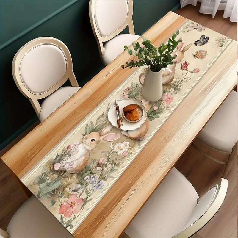 Easter Table Runner Flower Retro 13X72 Inch , Cute Rabbit Pattern Table , Easter