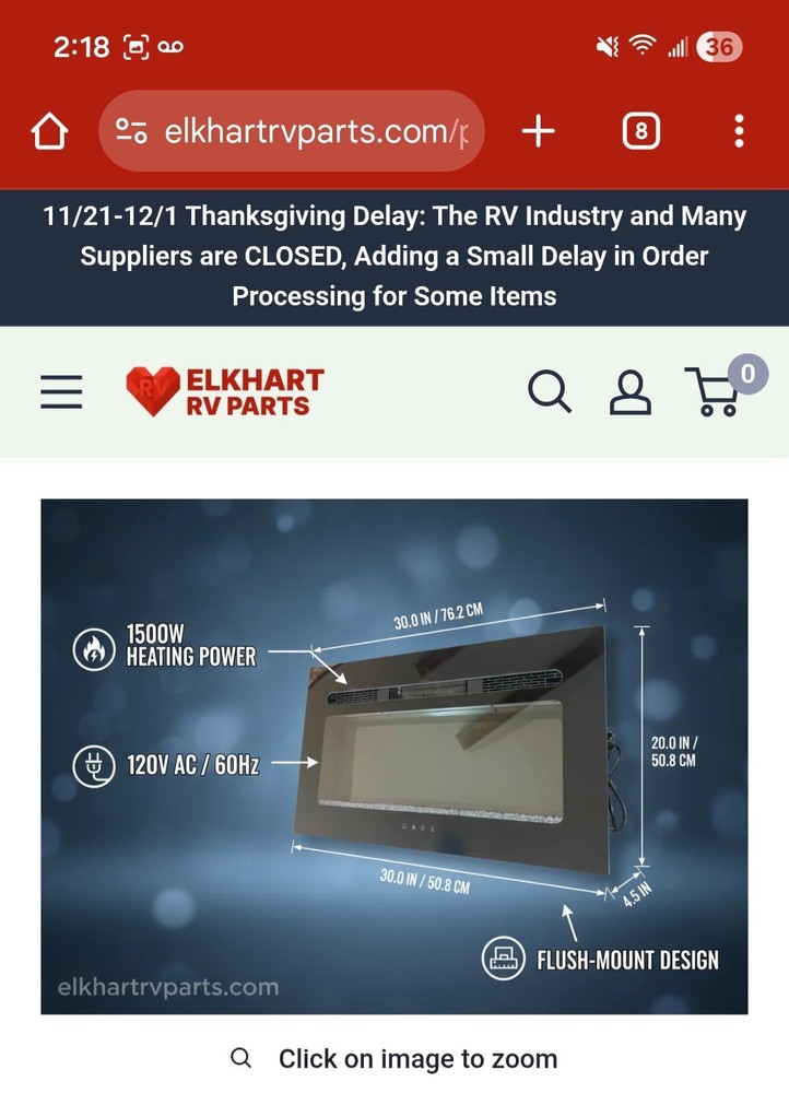 Covenant - 30" Electric RV Fireplace Insert Flat Front with Crystals