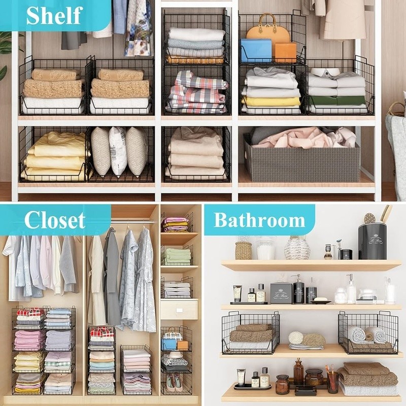 Stackable Storage Baskets Set of 4 Durable Closet Organizer Easy Foldable Use