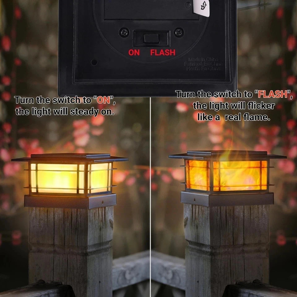 Dynaming 2 Pack Solar Post Cap Lights 2 Flickering Flame Lights, Black