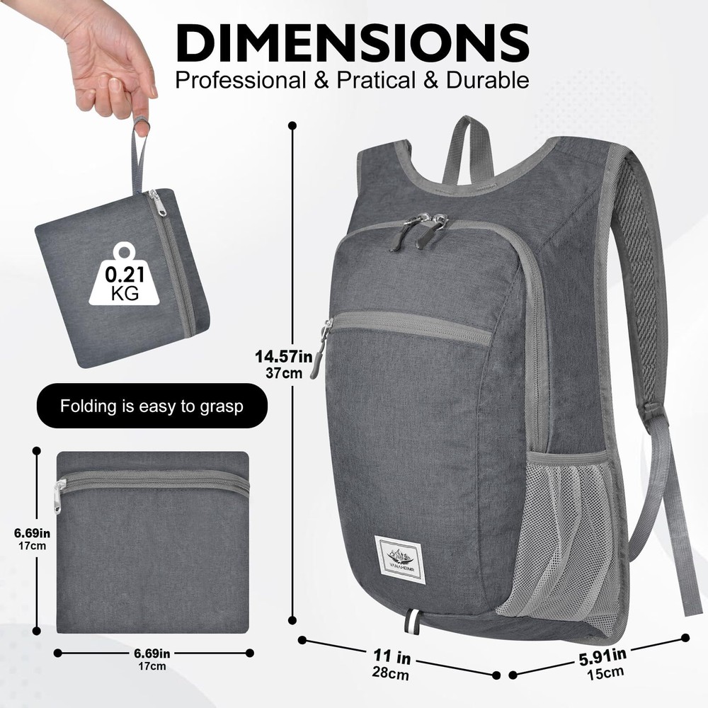 20L Black Lightweight Foldable Water Resistant Packable Small Hiking Backpack