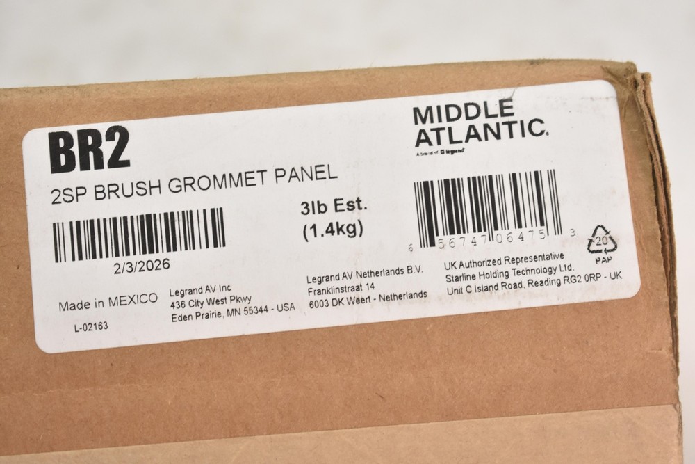 Middle Atlantic BR2 2SP Brush Grommet Panel Black 2U Rack Cable Pass-Through
