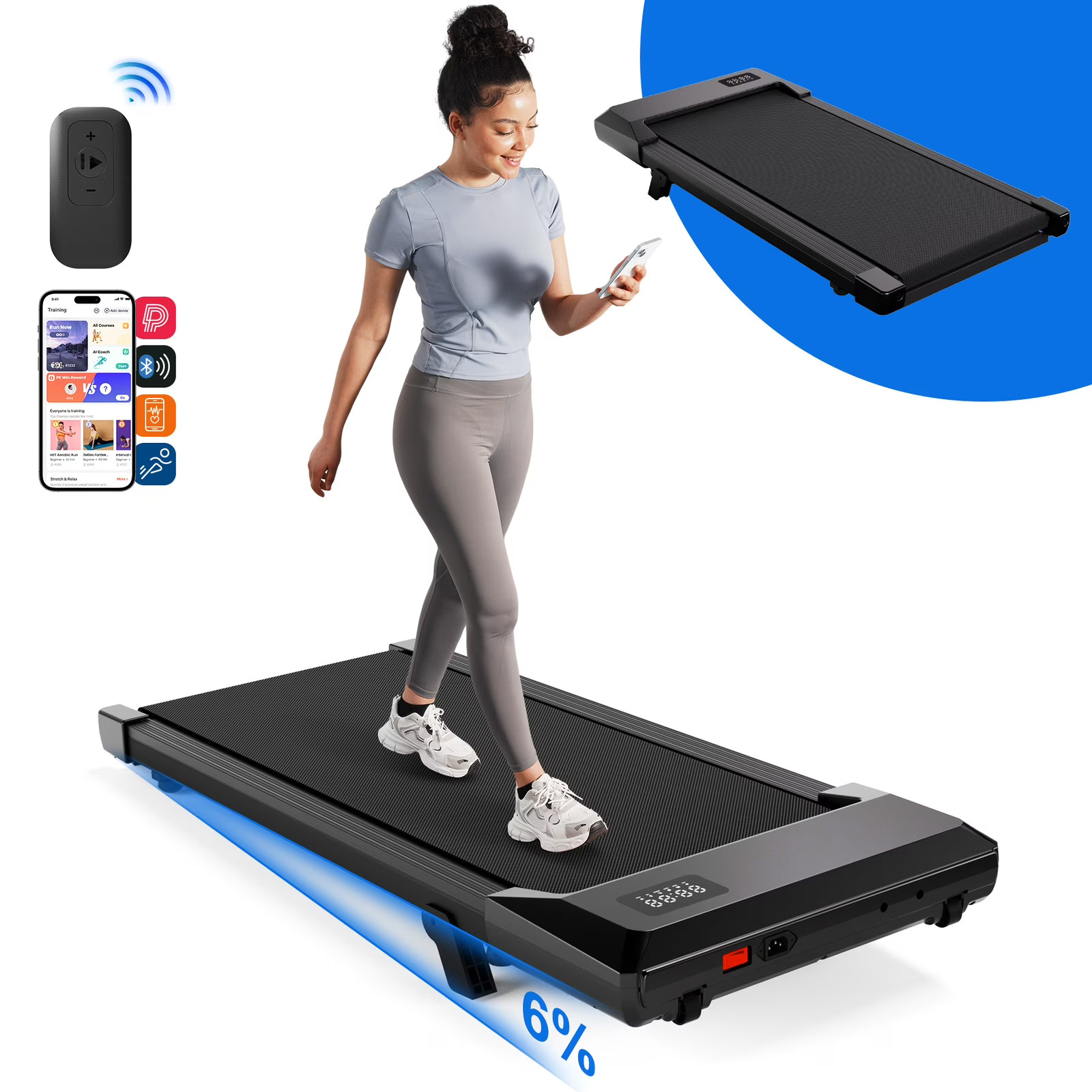 Under-Desk Walking Treadmill, 3.8 MPH, 6% Incline, Quiet Portable, 300 lb