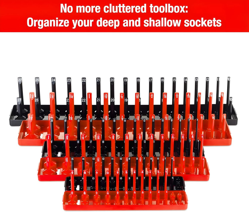 6PCS Socket Organizer Tray Set, Red SAE & Black Metric Socket Storage Trays, 1/4