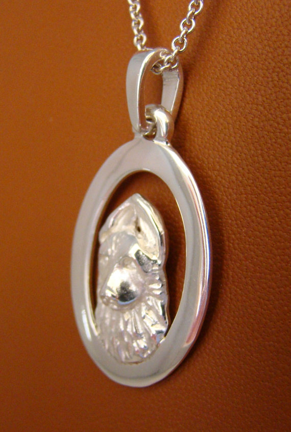 Sterling Silver German Shepherd Puppy Head Study On A Vertical Oval Frame Pendan