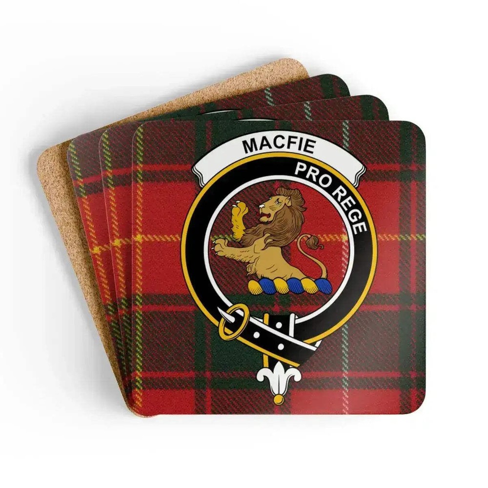 Macfie Clan Crest Scottish Tartan Coaster Set