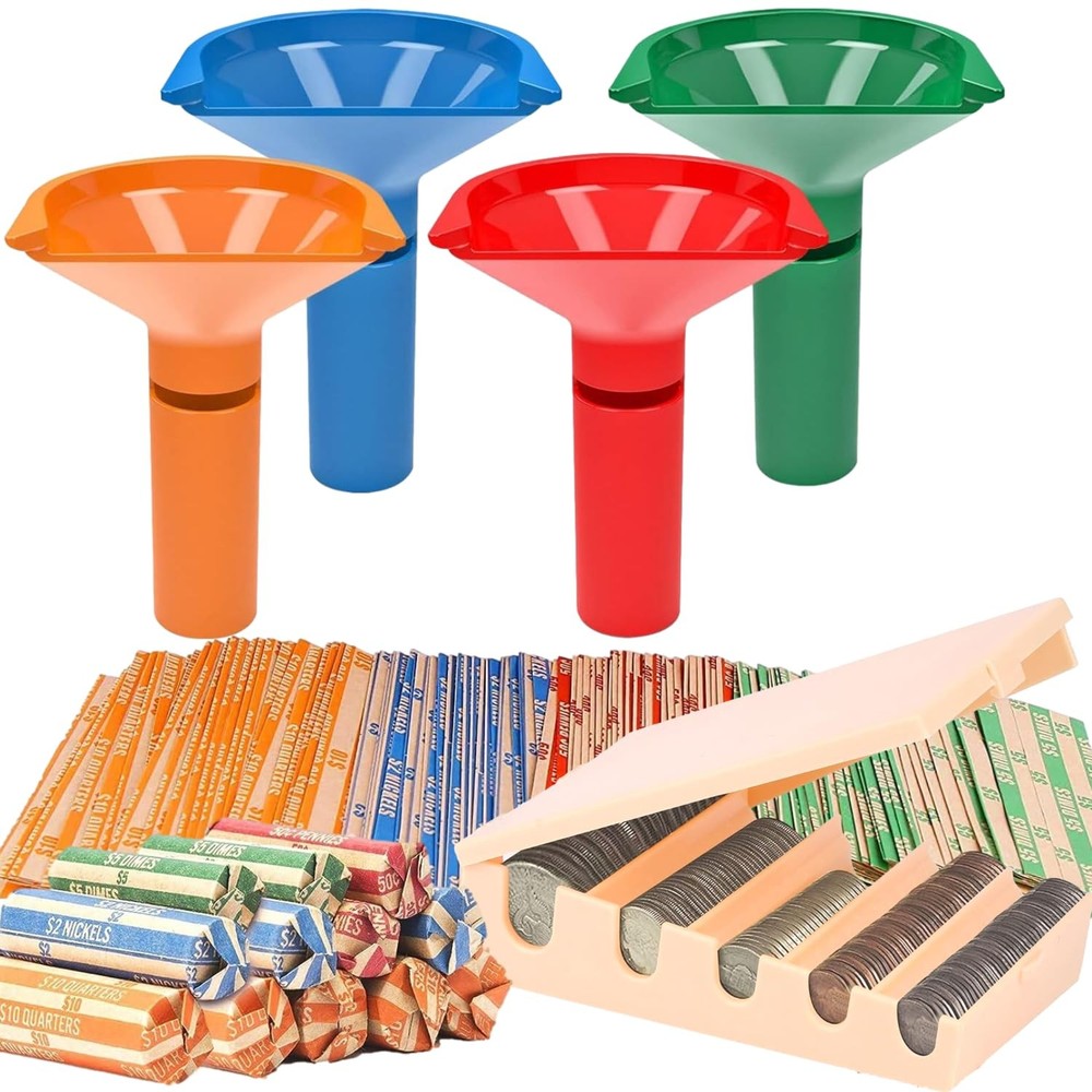Coin Counters Tray & 4 Color-Coded Sorters Tubes Bundled +