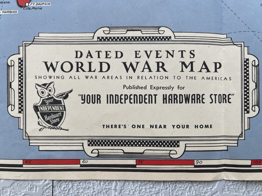1942 Mid World War Map WWII Dated Events 17"x39" hardware store
