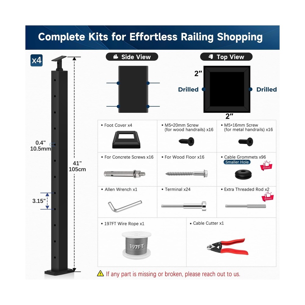 42" One-Stop Cable Railing Post Kit - 4 Adjustable Top Level Drilled Line Pos...