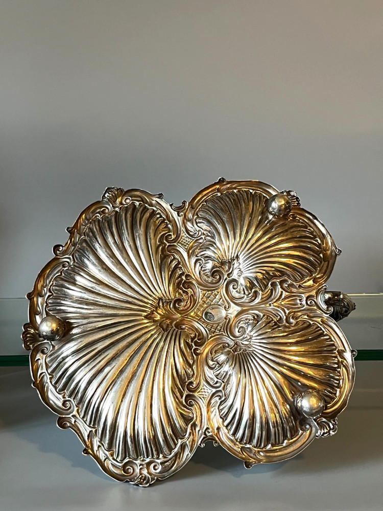 Antique Silver Plate Triple Shell Footed Serving Tray
