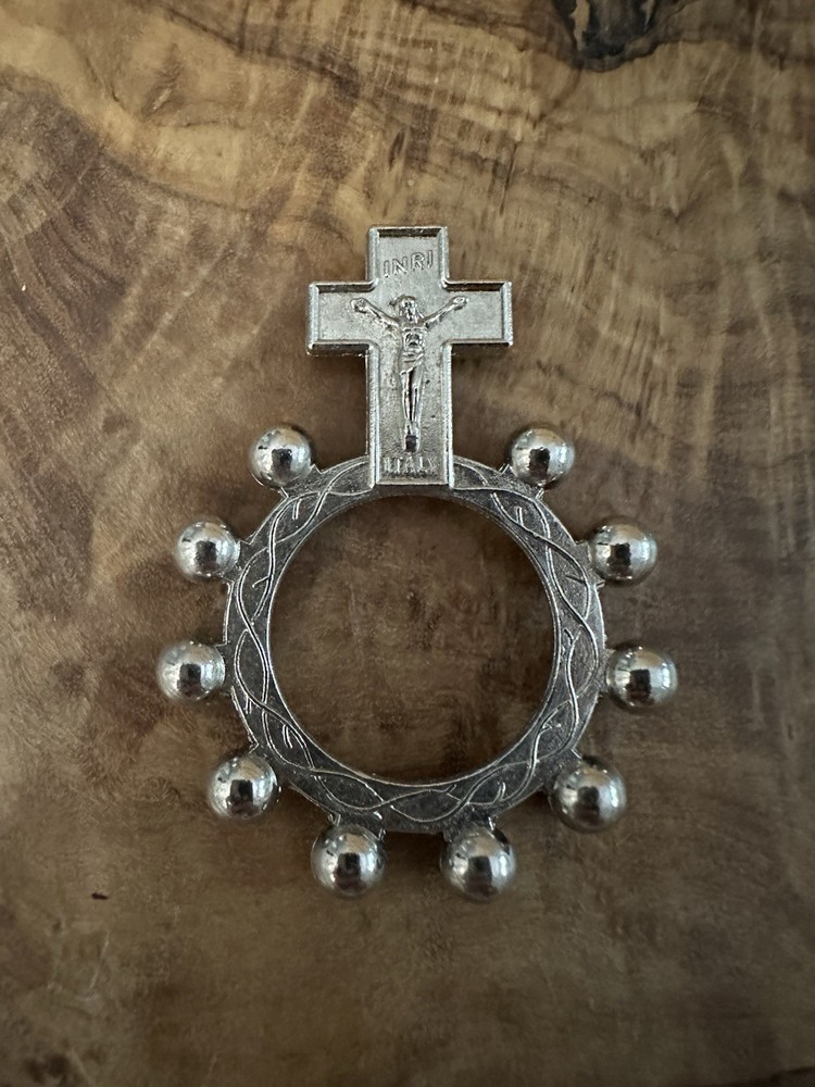 Vintage Silver Toned Pocket Rosary Ring With Cross And Engravings