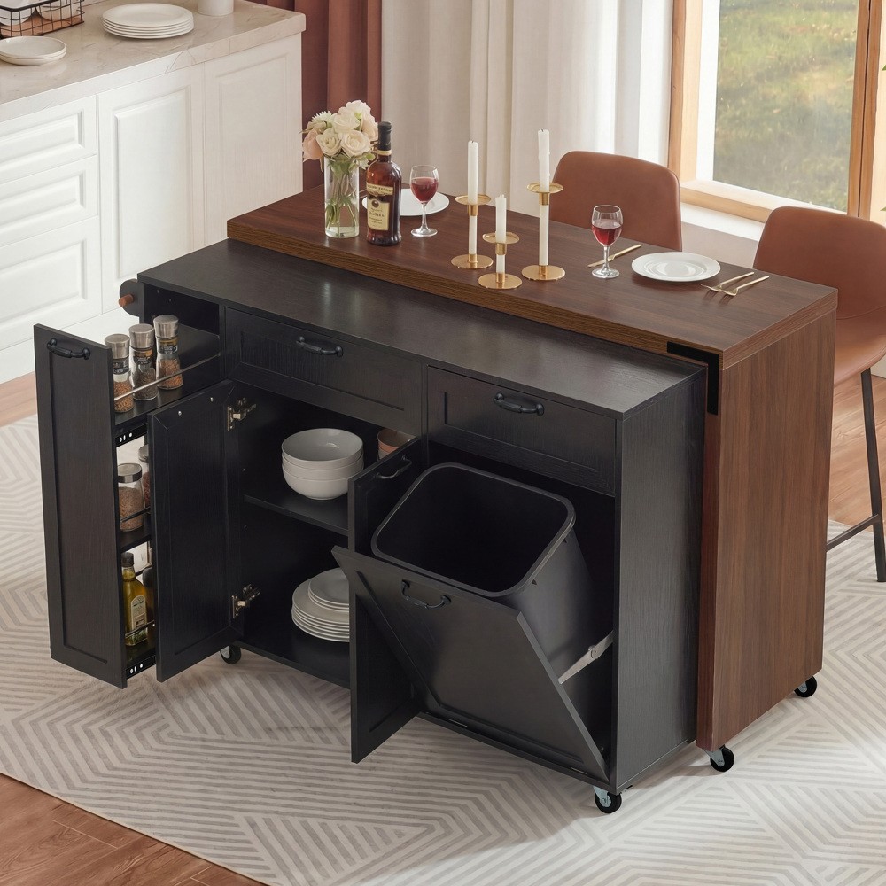 Kitchen Island with Extendable Dining Table, Kitchen Rolling Island Cart