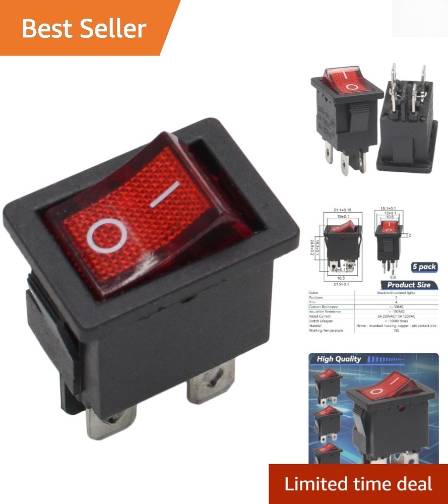 5 Pack Mini Rocker Switch - On-Off Power Toggle with Red LED Light for Projects