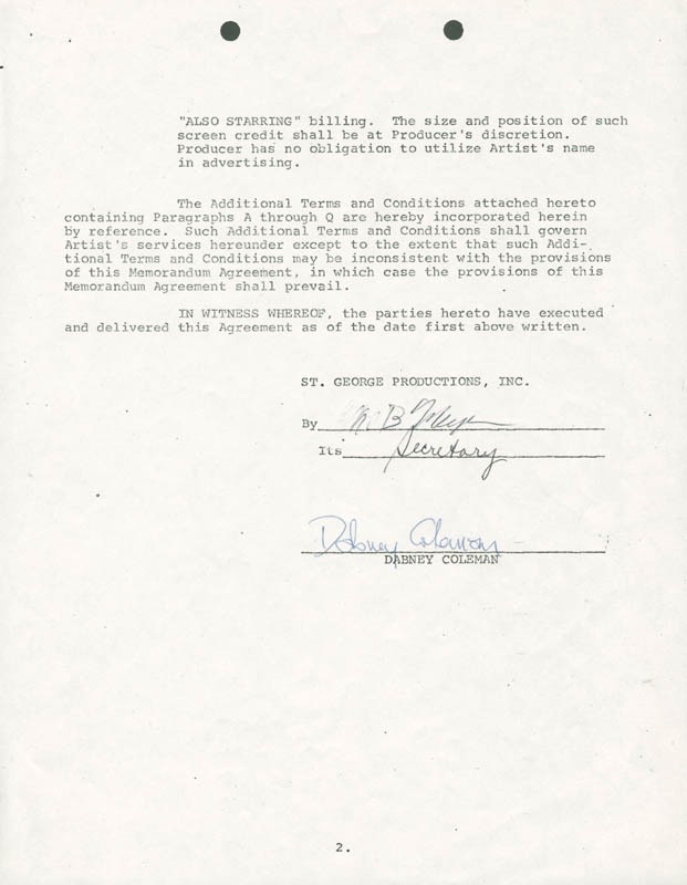 DABNEY COLEMAN - DOCUMENT SIGNED 06/26/1973