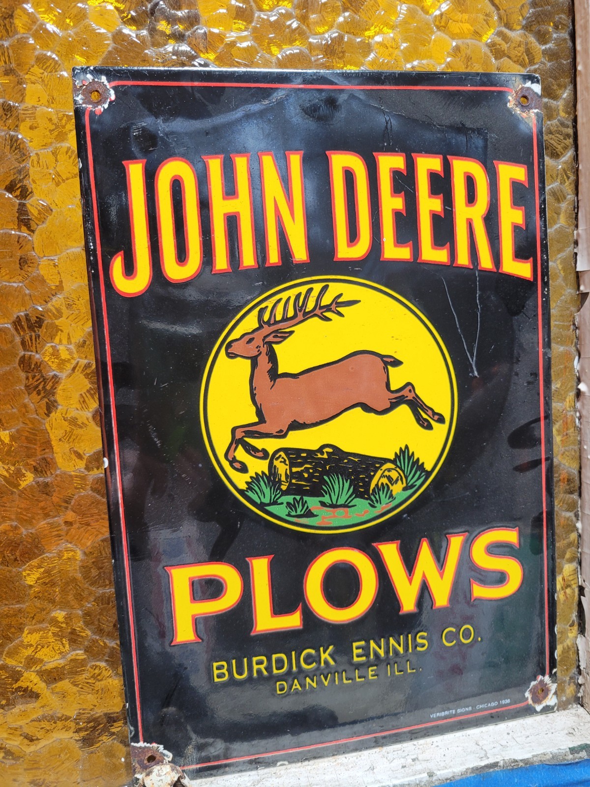 VINTAGE JOHN DEERE PORCELAIN SIGN OLD FARMING PLOW TRACTOR DEALER SALES SERVICE