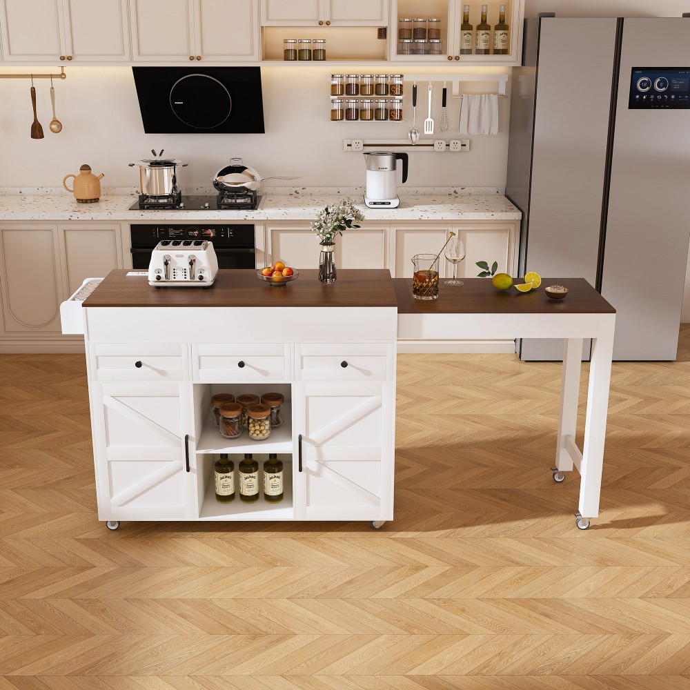 74.8 in Kitchen Island with Extendable Dining Table Marble Veneer Top