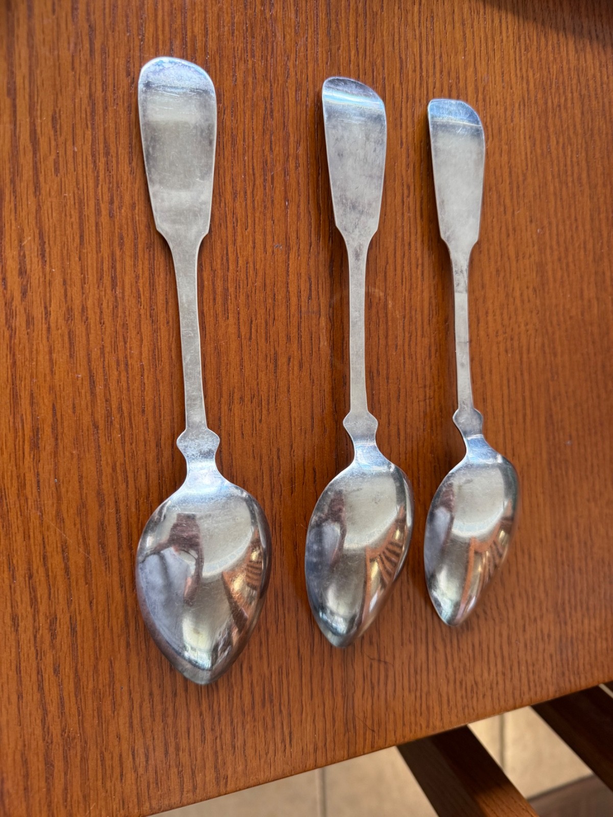 3 large antique Serving spoons Silver metal unmarked fiddle tipped tipt pattern