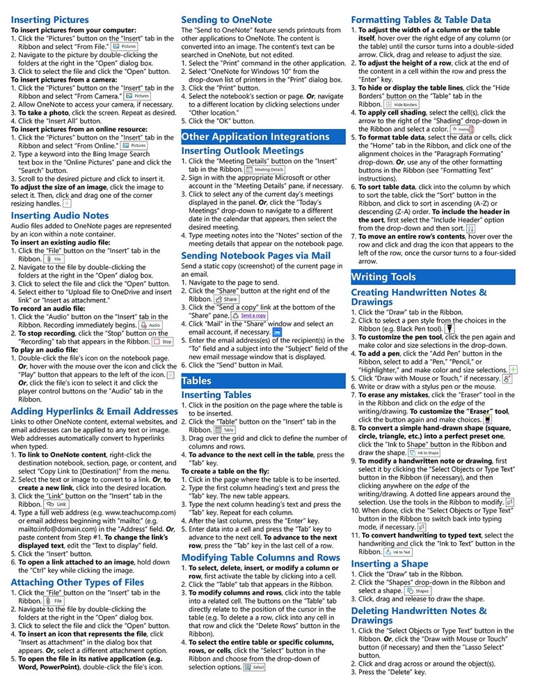 OneNote for Windows 10 Training Guide Quick Reference Card 4 Page Cheat Sheet