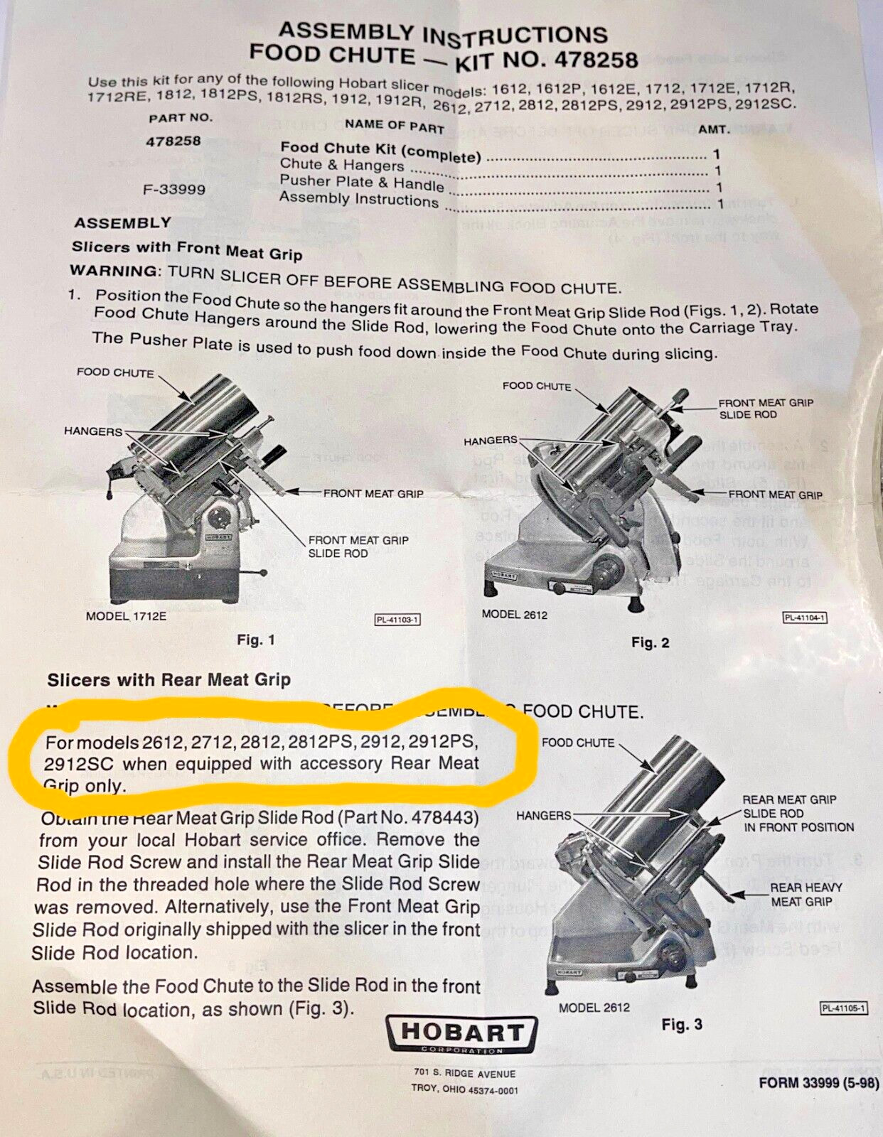 GENUINE OEM HOBART FOOD CHUTE 00-478258