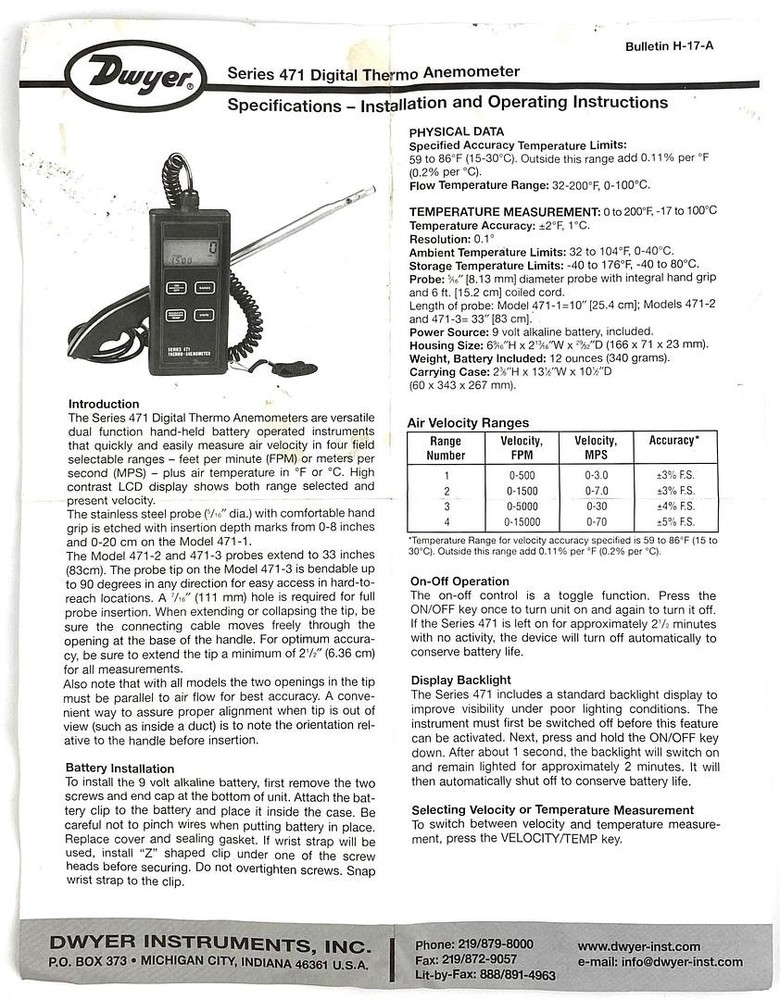 Dwyer Series 471 Thermo-Anemometer
