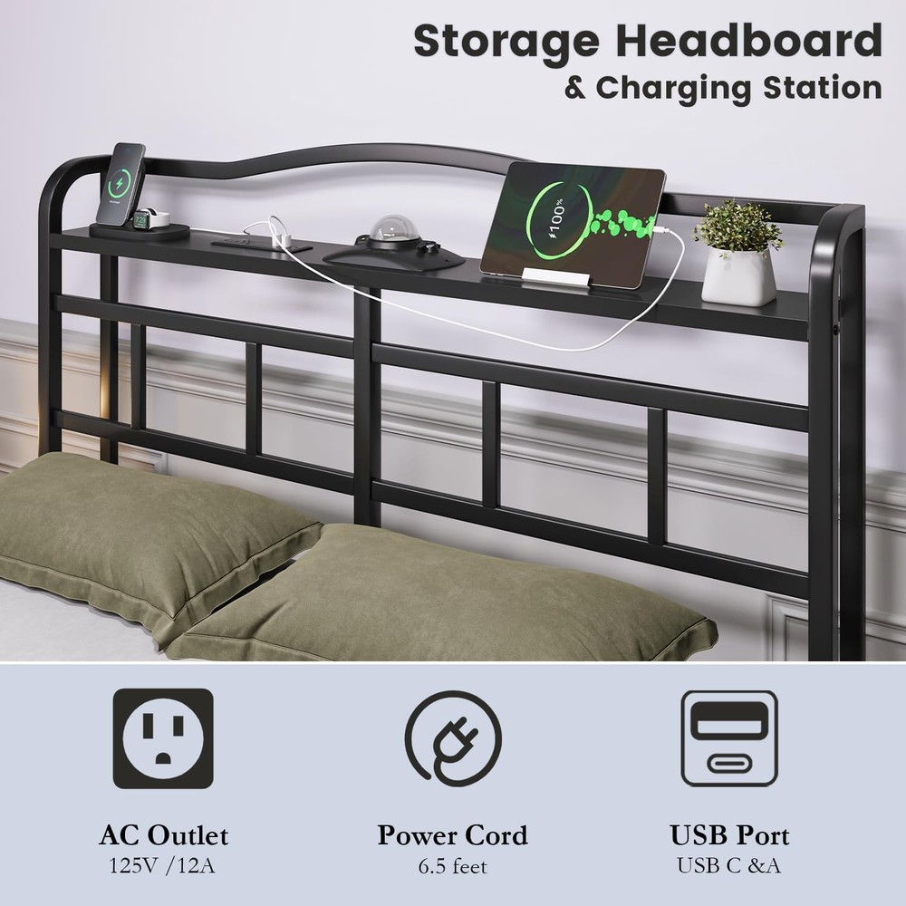 Full Bed Frame - Storage Headboard with Charging Station & Galaxy Aurora Proj...