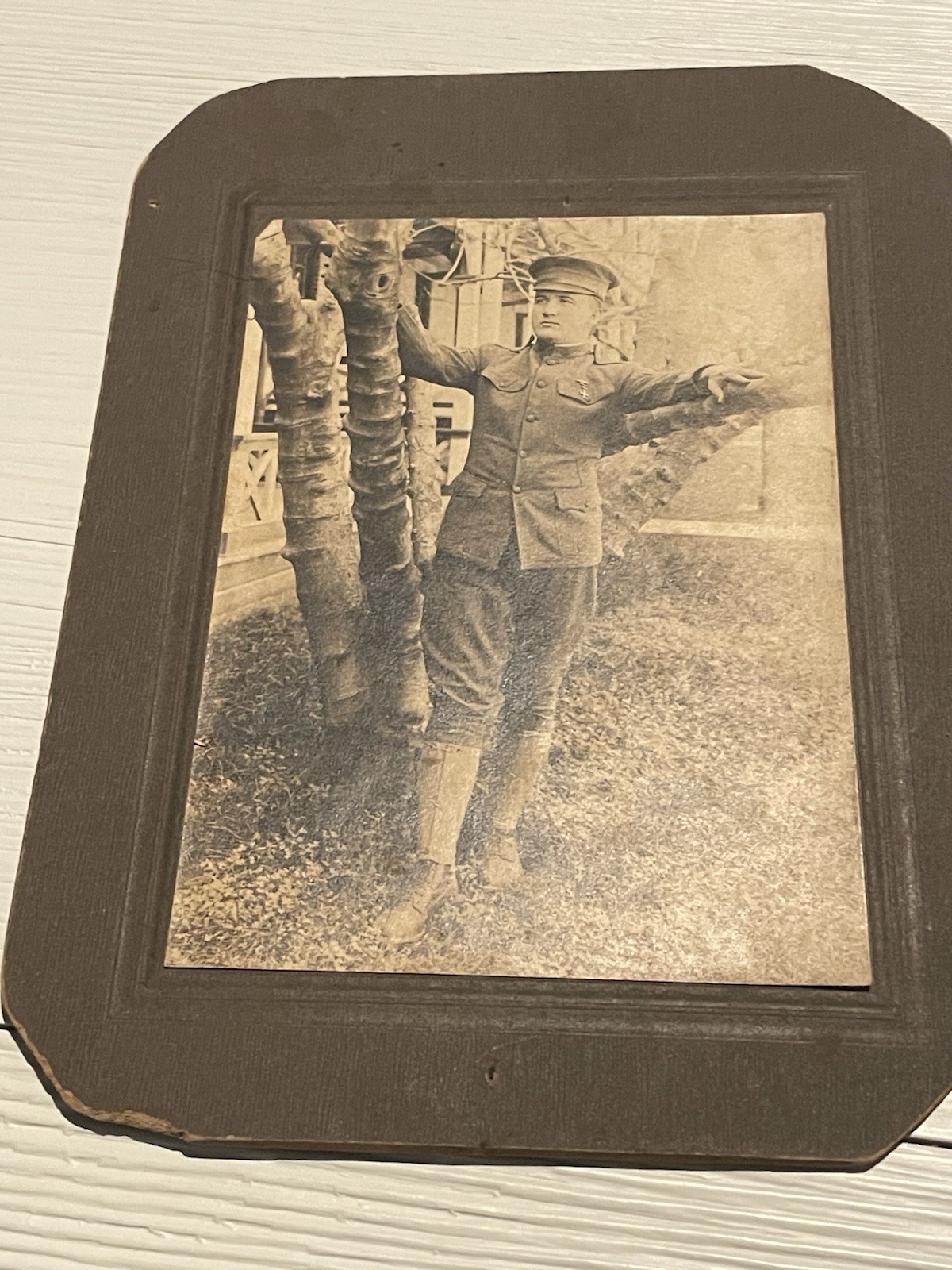 WW1 Photograph Young Military Soldier In Uniform With Medal & Hat - Sepia Color