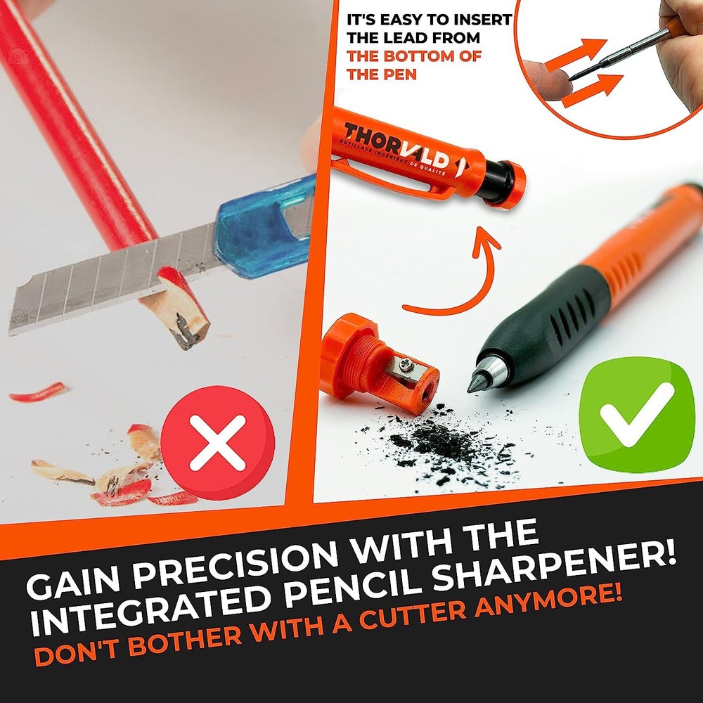 THORVALD Carpentry Pencil Set for Carpenter - Incl. 7 Leads + Sharpener + Finger