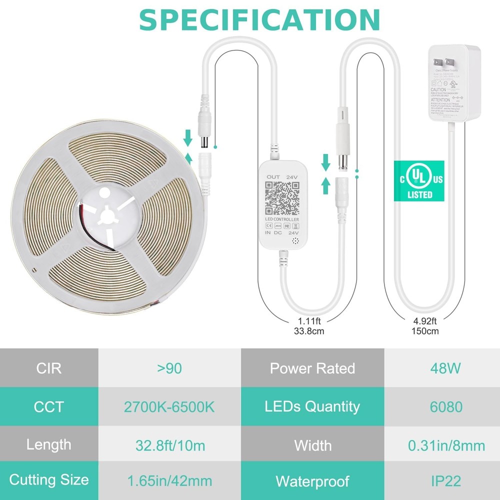 COB LED Strip Light White Dimmable Tunable White 24V Flexible