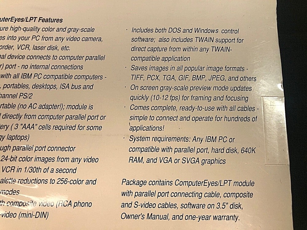 Computer Eyes Video Digitizer Digital Vision Parallel Port Frame Grabber IBM PC