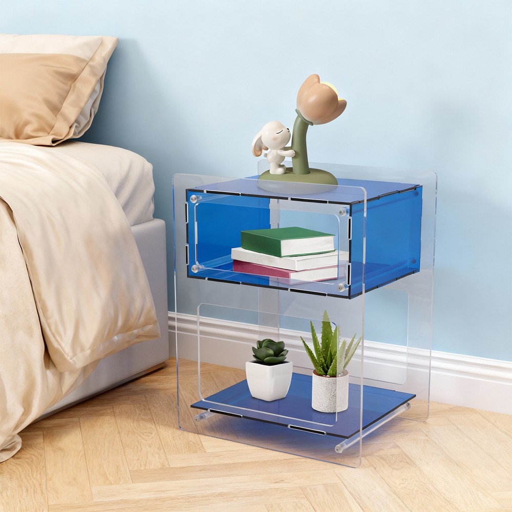 Blue Acrylic Side Table, Acrylic Nightstand, Rectangle Storage Shelf