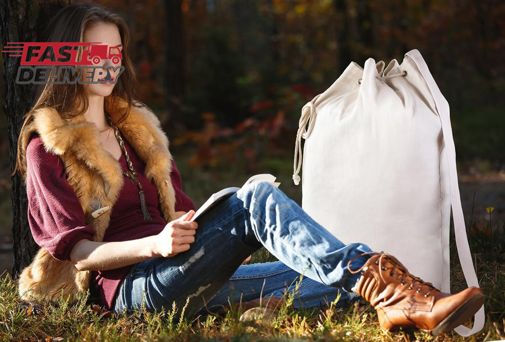 Handy Laundry Canvas Duffel Bag - Drawstring, Leather Closure, Shoulder Strap. (