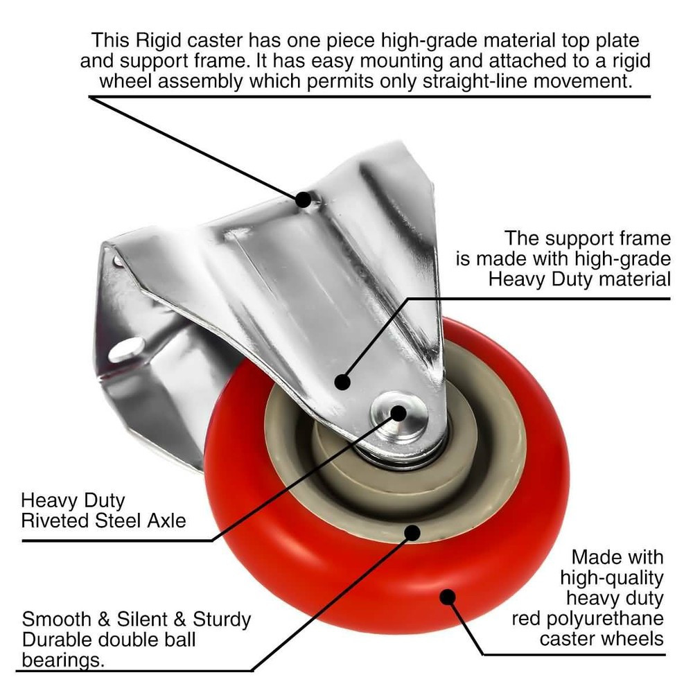 4 Pack 4" Rigid Fixed Polyurethane Red Non Swivel Caster Wheels w/ Hardware